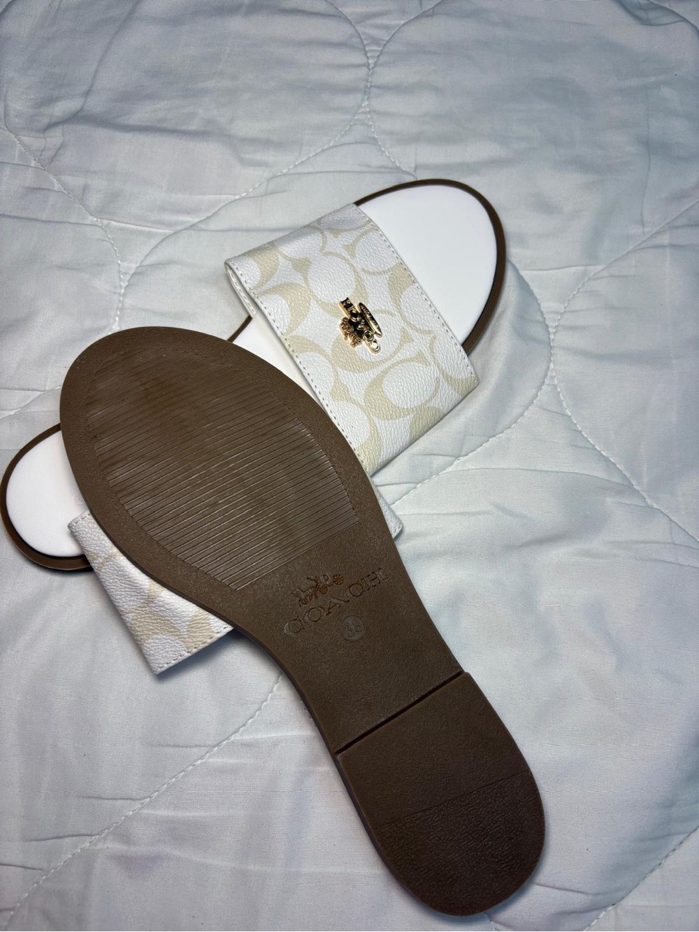 Coach White & Cream Signature Slide Sandals with Gold Logo